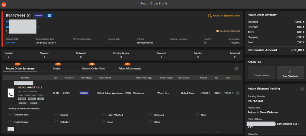 Managing Return Items and Actions UI Reference
